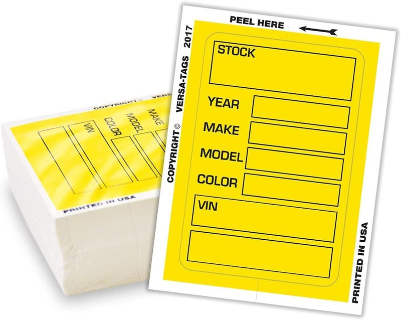 Versa-Tags Car Dealer Stock Stickers Improved Design 100 Yellow Inventory Window Stickers Car Dealer Window Stickers Kleer-bak Windshield Stickers Printed in The USA 3'' x 4" - Image 1
