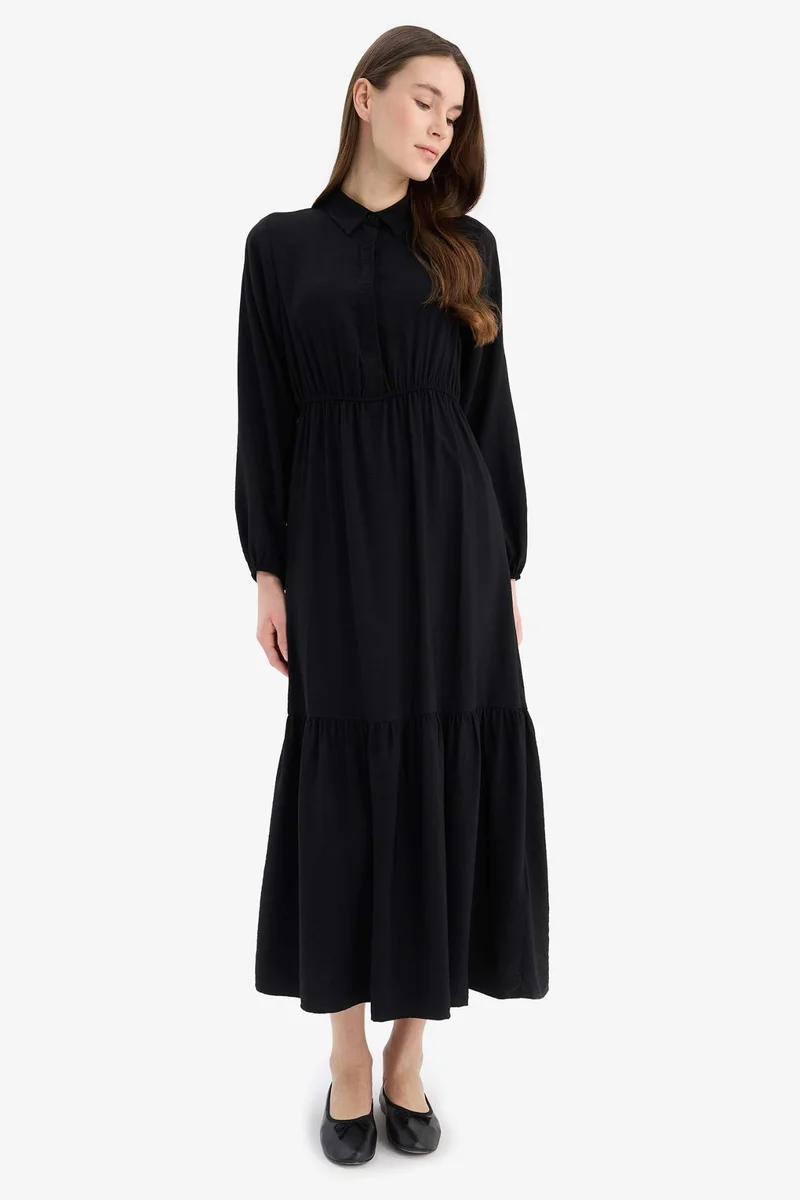 Defacto Shirt Collar Basic Buttoned Waist Drawstring Maxi Dress