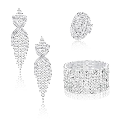 Sllaiss Rhinestone Bridal Jewelry Set for Women Sparkling Rhinestone Stretch Bracelet Ring Dangle Tassel Earrings Set Costume Jewelry (Set 01) - Image 1