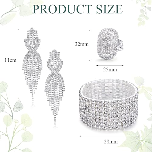 Sllaiss Rhinestone Bridal Jewelry Set for Women Sparkling Rhinestone Stretch Bracelet Ring Dangle Tassel Earrings Set Costume Jewelry (Set 01) - Image 4