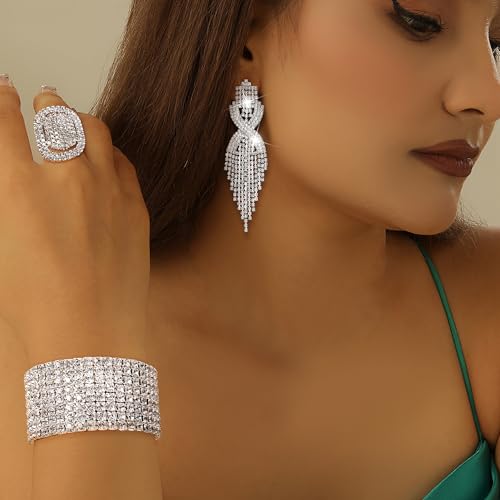 Sllaiss Rhinestone Bridal Jewelry Set for Women Sparkling Rhinestone Stretch Bracelet Ring Dangle Tassel Earrings Set Costume Jewelry (Set 01) - Image 2