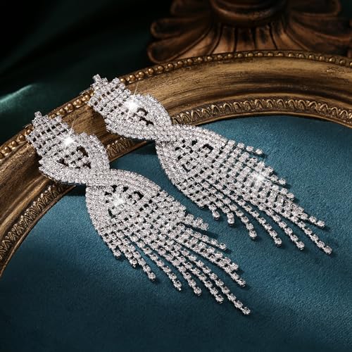Sllaiss Rhinestone Bridal Jewelry Set for Women Sparkling Rhinestone Stretch Bracelet Ring Dangle Tassel Earrings Set Costume Jewelry (Set 01) - Image 5