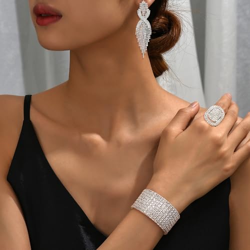 Sllaiss Rhinestone Bridal Jewelry Set for Women Sparkling Rhinestone Stretch Bracelet Ring Dangle Tassel Earrings Set Costume Jewelry (Set 01) - Image 3