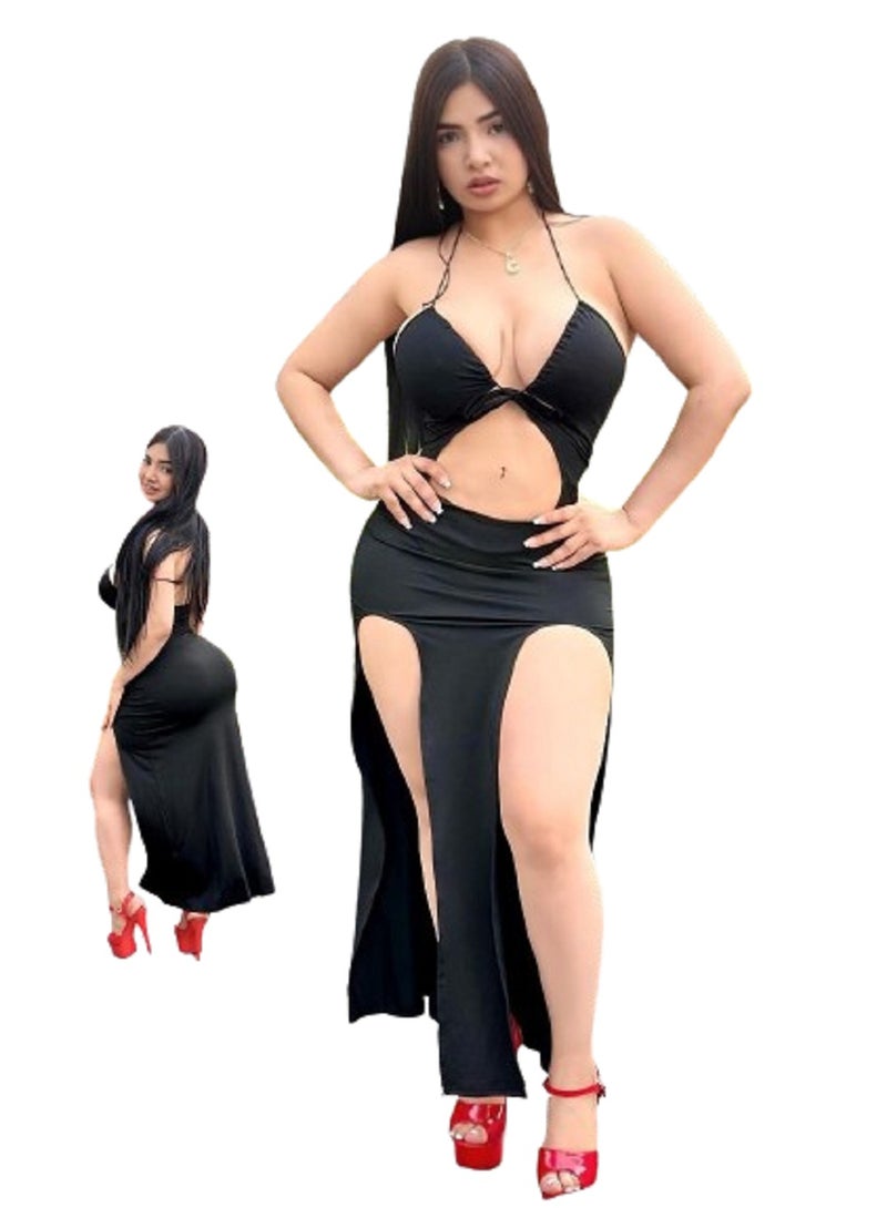 MANIKAN MANIKAN Dress Lingerie Black Solid Color Drawstring Dress With High Slit For Vacation-Wear 