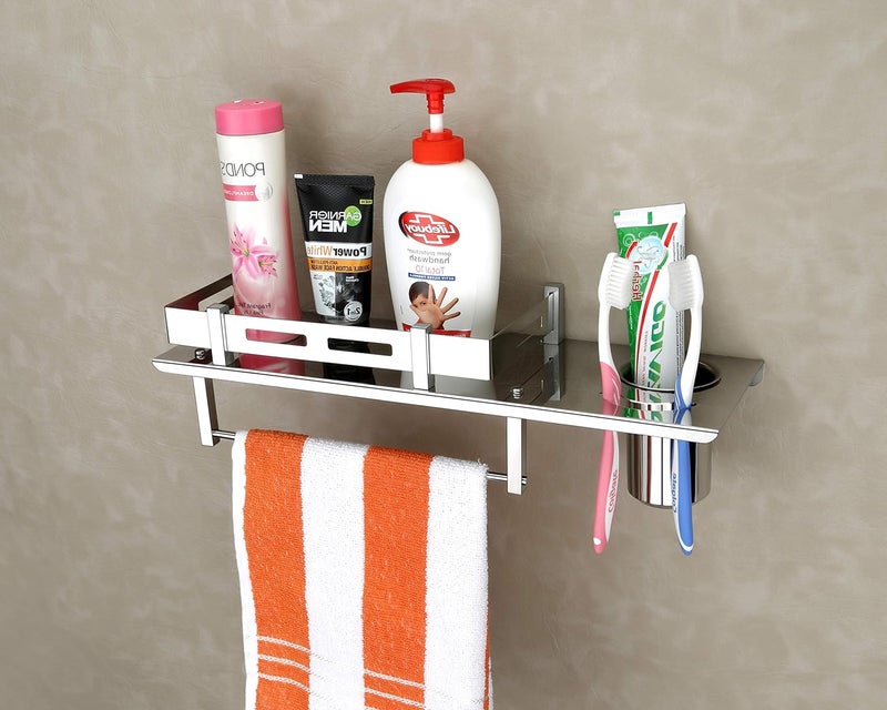 iSTAR Stainless Steel Bathroom Organizer with Tumbler Holder and Towel Holder Shelf - Image 1