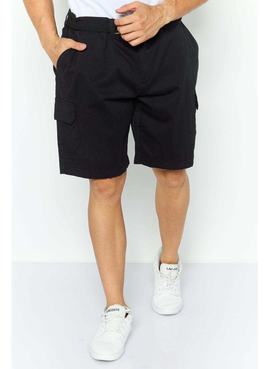 Threadbare Men Plain Belted Chino Couture Shorts, Black  - Image 1