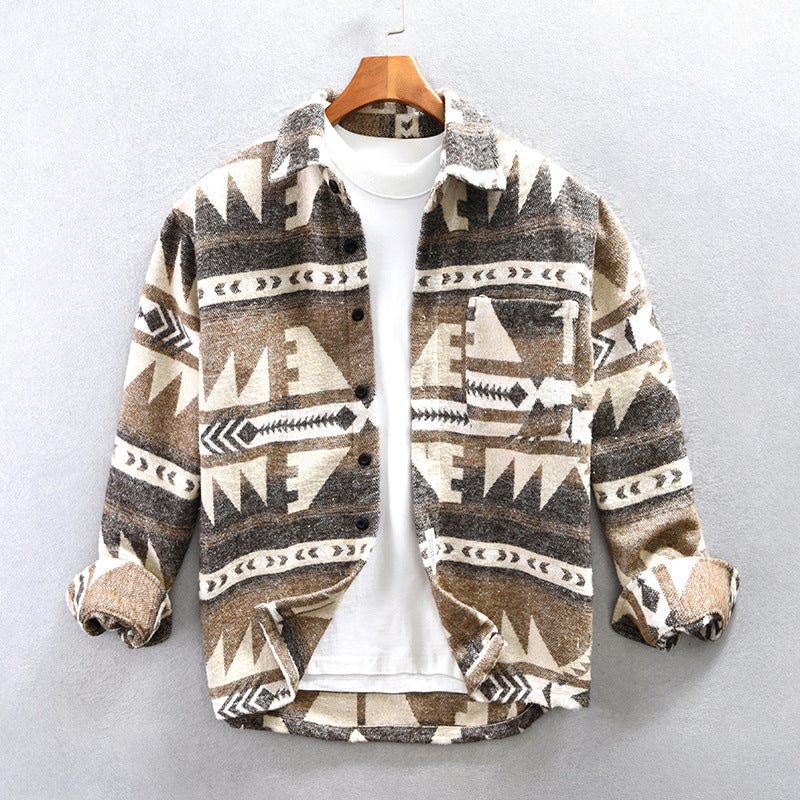 Autumn Winter Retro Patch Color Wool Shirt Coat for Men Khaki