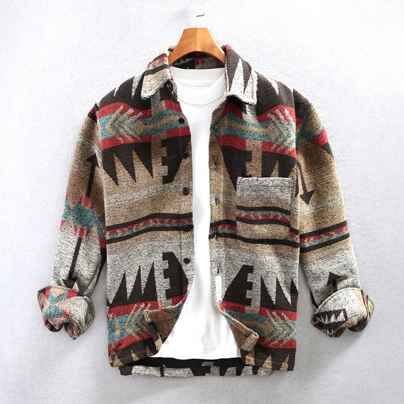 Autumn Winter Retro Patch Color Wool Shirt Coat for Men Khaki