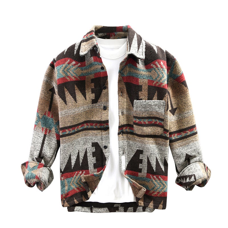 Autumn Winter Retro Patch Color Wool Shirt Coat for Men Khaki