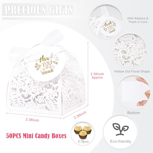 AdasBridal 50Pcs Small Gift Boxes for Party Favors Laser Cut Candy Boxes Wedding Favor with Thank You Card Ribbons for Bridal Baby Shower Wedding Decorations White 236 - Image 3