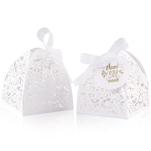 AdasBridal 50Pcs Small Gift Boxes for Party Favors Laser Cut Candy Boxes Wedding Favor with Thank You Card Ribbons for Bridal Baby Shower Wedding Decorations White 236 - Image 1