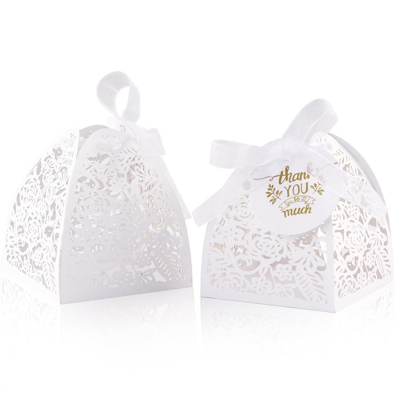 AdasBridal 50Pcs Small Gift Boxes for Party Favors Laser Cut Candy Boxes Wedding Favor with Thank You Card Ribbons for Bridal Baby Shower Wedding Decorations White 236 - Image 2