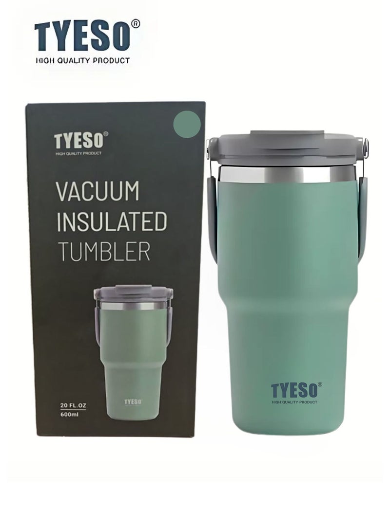 TYESO Stainless Steel Coffee Cup Cold And Hot Double-layer Insulated Cup Tumbler Thermo Water Bottle with Straw and Handle (Green) 600ml - Image 1