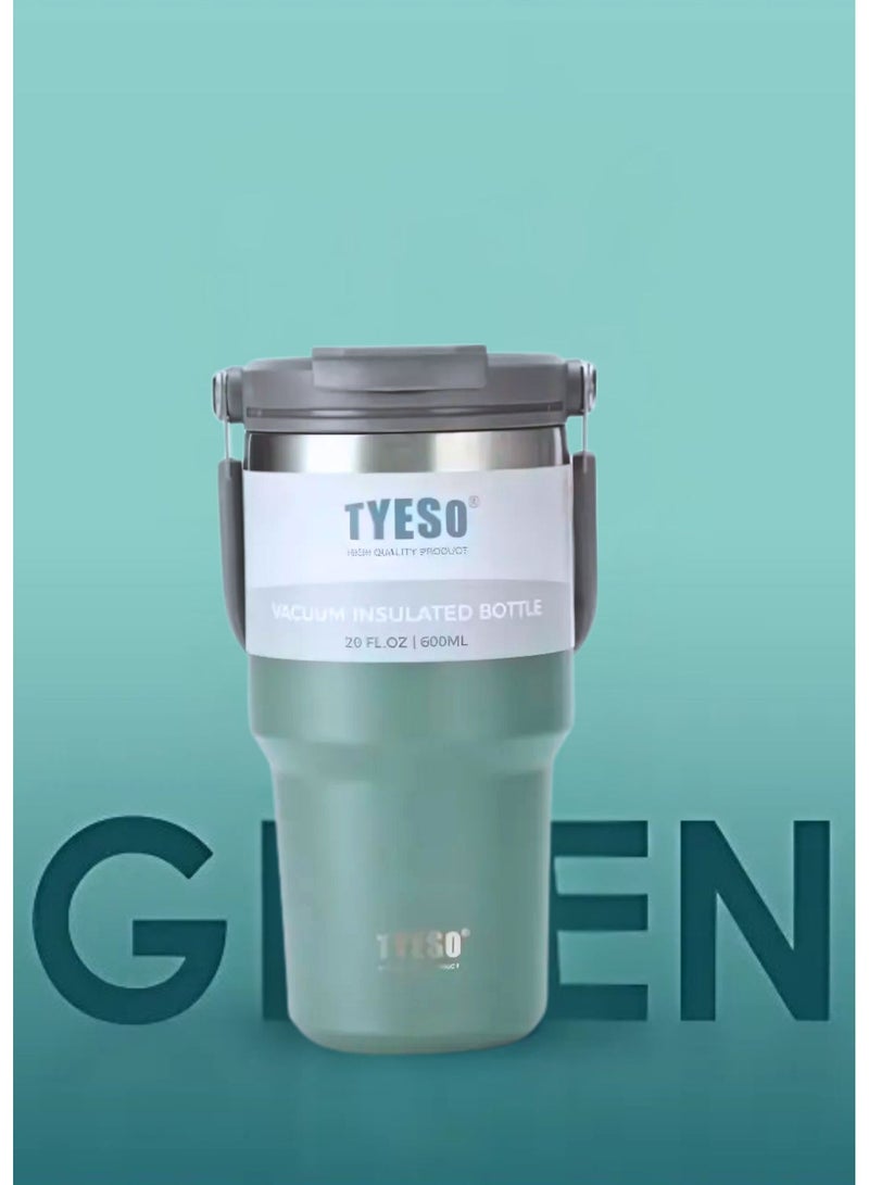 TYESO Stainless Steel Coffee Cup Cold And Hot Double-layer Insulated Cup Tumbler Thermo Water Bottle with Straw and Handle (Green) 600ml - Image 5