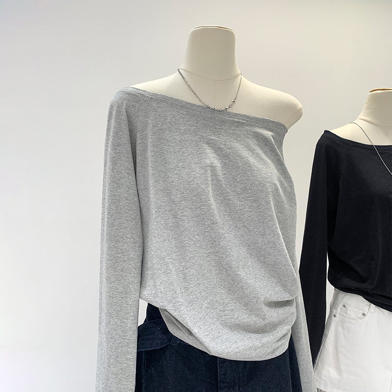 in stock black bottoming shirt womens 2024 new autumn long sleeve t-shirt off-shoulder design oblique shoulder off-shoulder top Light gray - Image 1