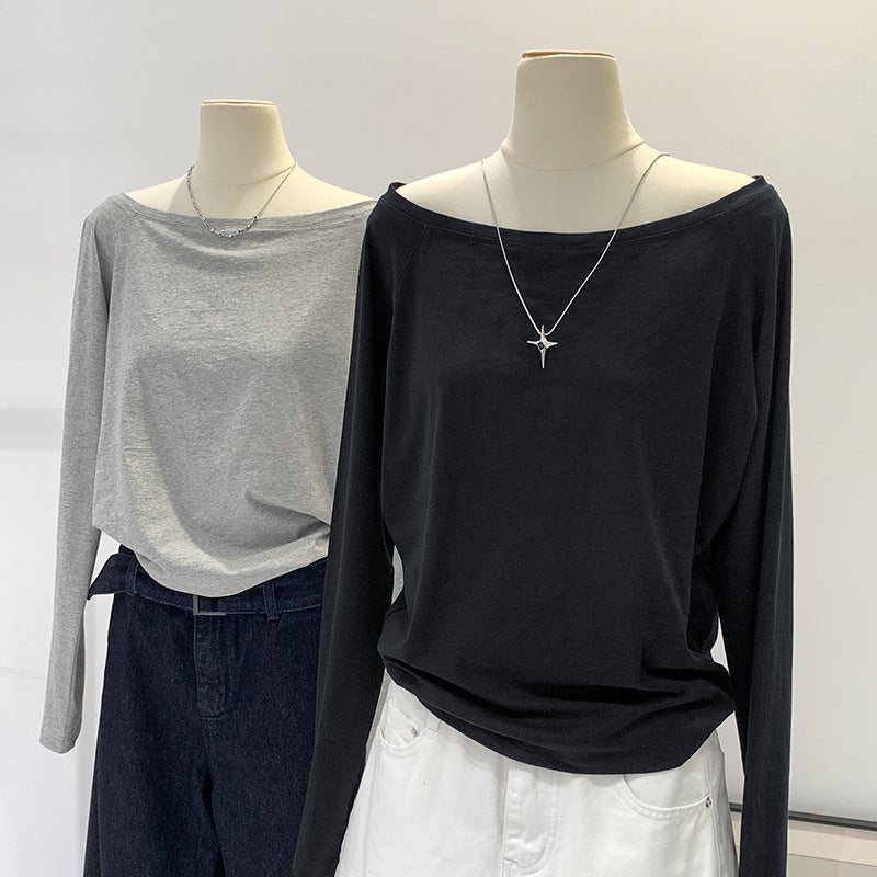 in stock black bottoming shirt womens 2024 new autumn long sleeve t-shirt off-shoulder design oblique shoulder off-shoulder top Light gray - Image 4
