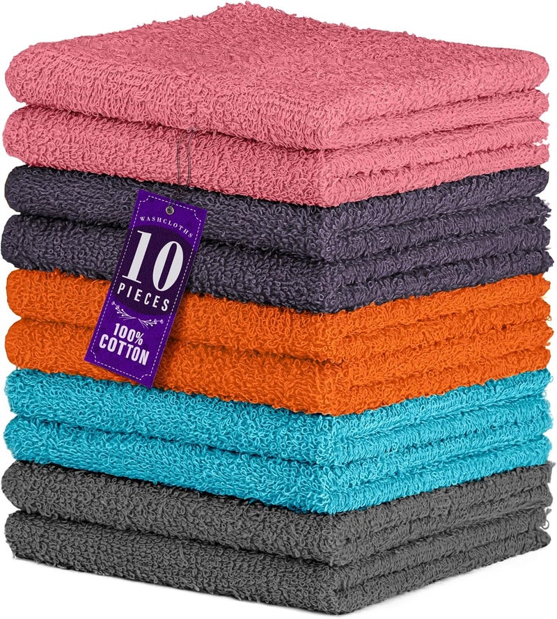 10 Pack 100% Cotton Wash Cloth, Luxurious Soft, 12 x 12 inch Ultra Absorbent, Machine Washable Washcloths, Assorted Set 4 (10 Pack)
