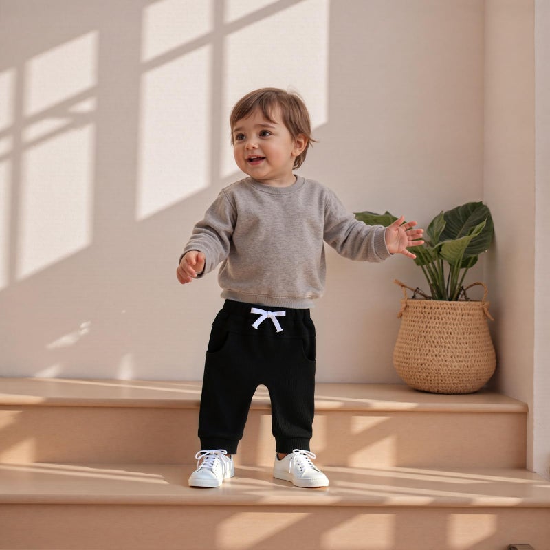 allshope Toddler Baby Boy Fall Pants 3 Pack Active Jogger Casual Athletic Trousers Solid Color Pocket Elastic Waist Harem Bottoms (Waffle Gray Brown Black, 12-18 Months) - Image 5