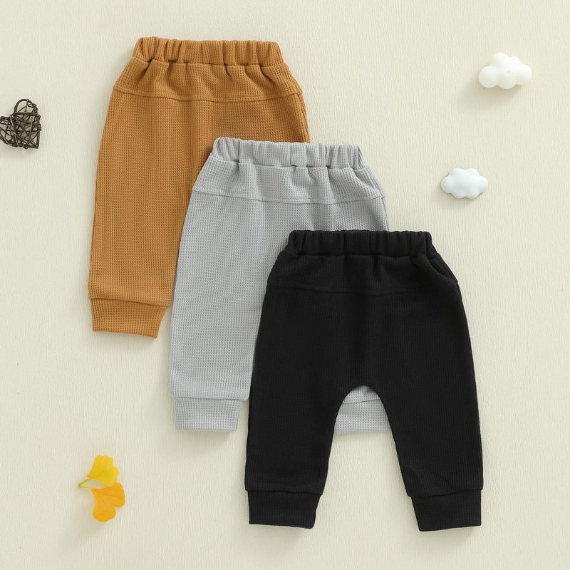 allshope Toddler Baby Boy Fall Pants 3 Pack Active Jogger Casual Athletic Trousers Solid Color Pocket Elastic Waist Harem Bottoms (Waffle Gray Brown Black, 12-18 Months) - Image 4