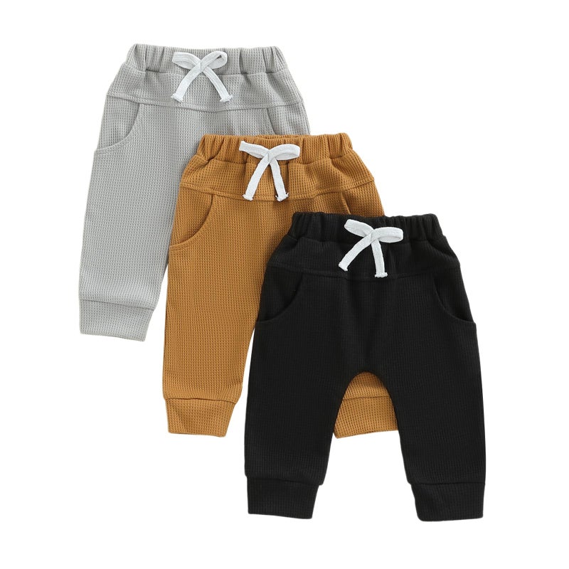 allshope Toddler Baby Boy Fall Pants 3 Pack Active Jogger Casual Athletic Trousers Solid Color Pocket Elastic Waist Harem Bottoms (Waffle Gray Brown Black, 12-18 Months) - Image 1