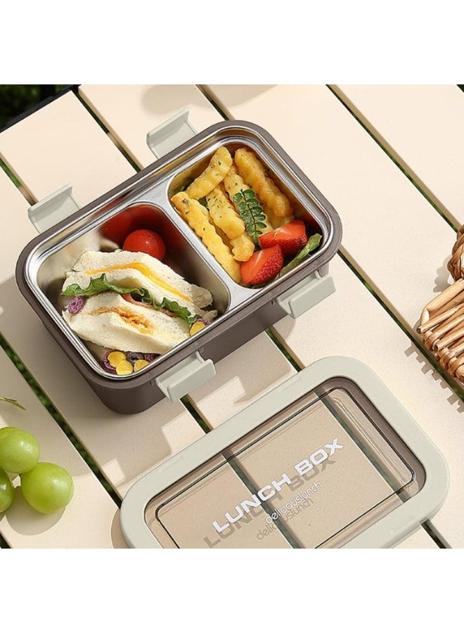 AKDC Two Compartment Lunch Box with Cutlery 850ml, SUS304 Stainless Steel Interior, Beige - Image 2