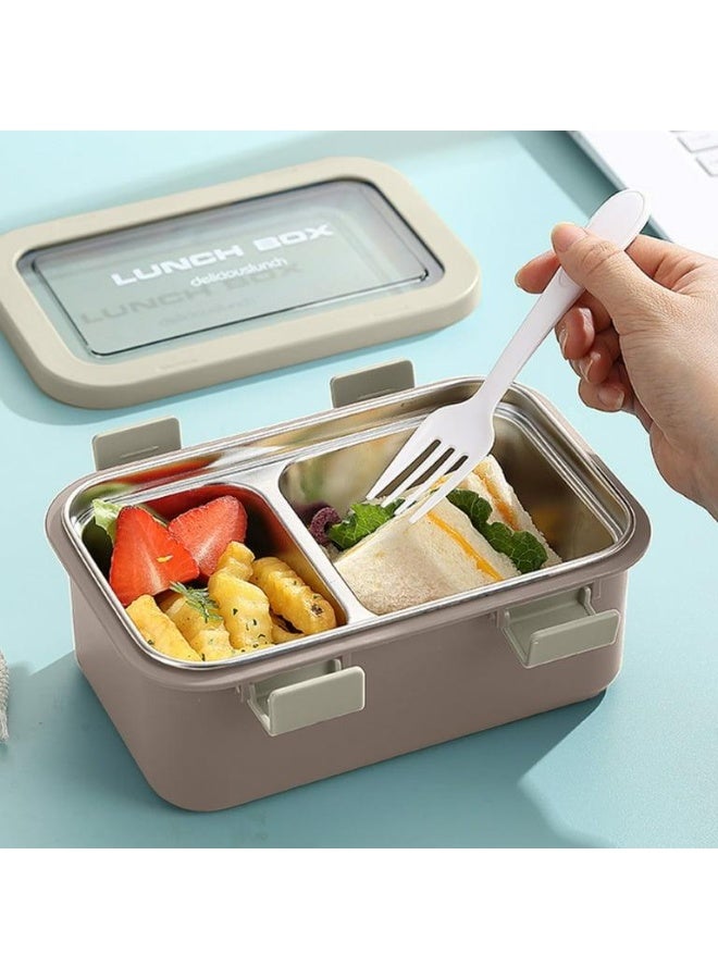 AKDC Two Compartment Lunch Box with Cutlery 850ml, SUS304 Stainless Steel Interior, Beige - Image 3