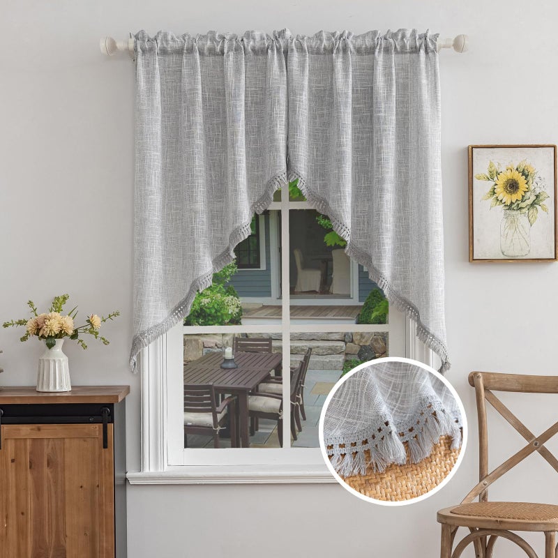 BD BEDA HOME Beda Home شرابة الكتان المحكم ستارة غنيمة الستار المطبخ مزارع المطبخ. تصفية الضوء الريفية القصيرة الغنيمة القصيرة لخصوصية غرفة نوم ونوافذ صغيرة تمت إضافة تصميم جيب قضيب (رمادي 36x45-2pcs) - Image 1