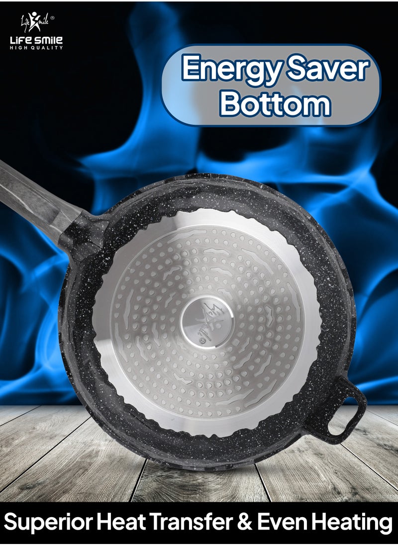 Life Smile LIFE SMILE Frying Pan Big Size With Lid - Multi Layer Granite Coating Fry Pan | 100% PFOA FREE | Heat-Resistant Handle Hanging Loop | Induction Base (Dark Black, 28 CM (2.9 Liters))  - Image 2