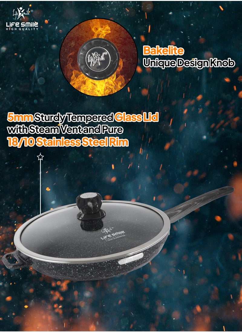 Life Smile LIFE SMILE Frying Pan Big Size With Lid - Multi Layer Granite Coating Fry Pan | 100% PFOA FREE | Heat-Resistant Handle Hanging Loop | Induction Base (Dark Black, 28 CM (2.9 Liters))  - Image 5