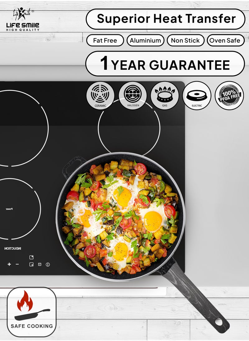 Life Smile - LIFE SMILE Frying Pan Big Size With Lid - Multi Layer Granite Coating Fry Pan | 100% PFOA FREE | Heat-Resistant Handle Hanging Loop | Induction Base (Dark Black, 28 CM (2.9 Liters)) - Image 1