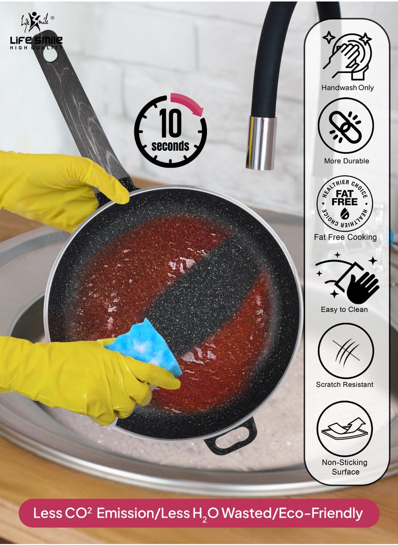 Life Smile - LIFE SMILE Frying Pan Big Size With Lid - Multi Layer Granite Coating Fry Pan | 100% PFOA FREE | Heat-Resistant Handle Hanging Loop | Induction Base (Dark Black, 28 CM (2.9 Liters)) - Image 1