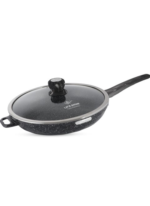 LIFE SMILE Frying Pan Big Size With Lid - Multi Layer Granite Coating Fry Pan | 100% PFOA FREE | Heat-Resistant Handle Hanging Loop | Induction Base (Dark Black, 28 CM (2.9 Liters))