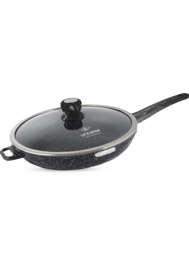Life Smile LIFE SMILE Frying Pan Big Size With Lid - Multi Layer Granite Coating Fry Pan | 100% PFOA FREE | Heat-Resistant Handle Hanging Loop | Induction Base (Dark Black, 28 CM (2.9 Liters))  - Image 1