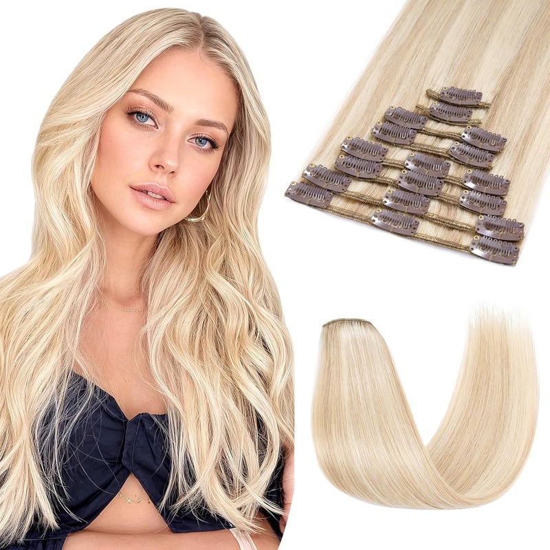 Clip in Hair Extensions Real Human Hair 8 Pieces Hair Extensions Clip in 8 45g Human Hair Thin Weft 18P613 Ash Blonde mix Bleach Blonde