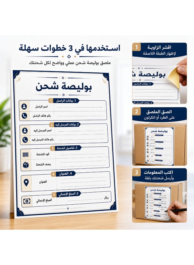 ملصقات بوليصة شحن ذاتية اللصق للمتاجر والشركات، تصميم عربي منظم لتسجيل بيانات الشحن بسهولة، مقاس مثالي 10 × 15 سم، عبوة اقتصادية تحتوي على 50 قطعة - Image 4