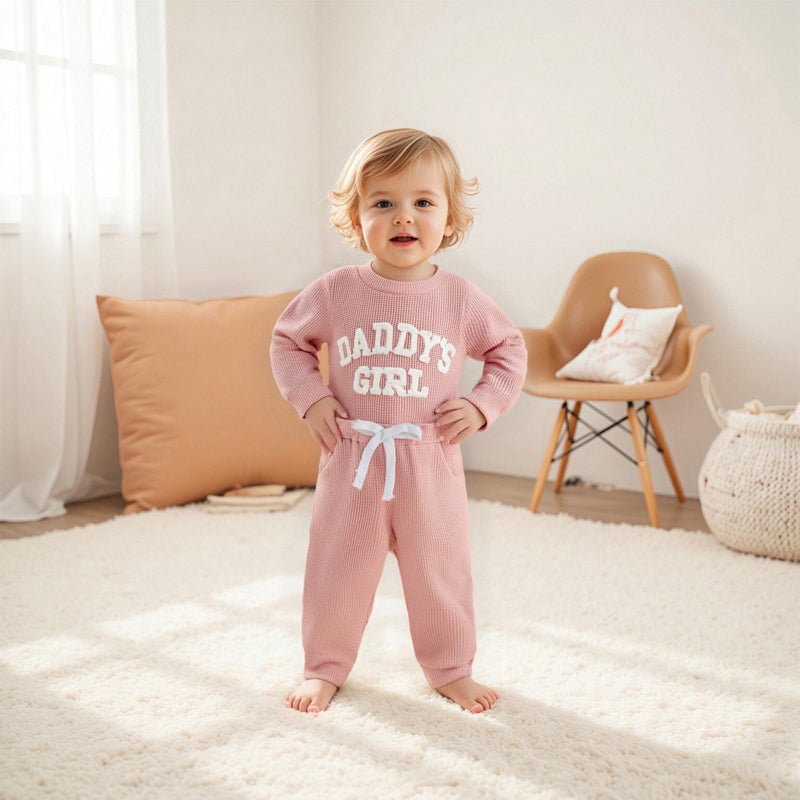 allshope Newborn Baby Girl Fall Outfit Romper Long Sleeve Daddy Girl Embroidery Jumpsuit Bodysuit Pants Infant Waffle Clothes (Color Pink, 0-3 Months) - Image 5