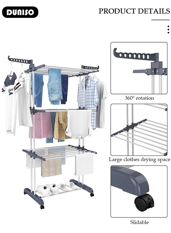 DUNISO 4-Tier Clothes Drying Rack, Foldable Stainless Steel Drying Rack Clothing, Movable Drying Rack with 4 castors, Laundry Rack with 24 Drying Poles for Indoor/Outdoor, Clothes Drying Stand with 14 Holes for Bed Linen, Clothing - Image 3