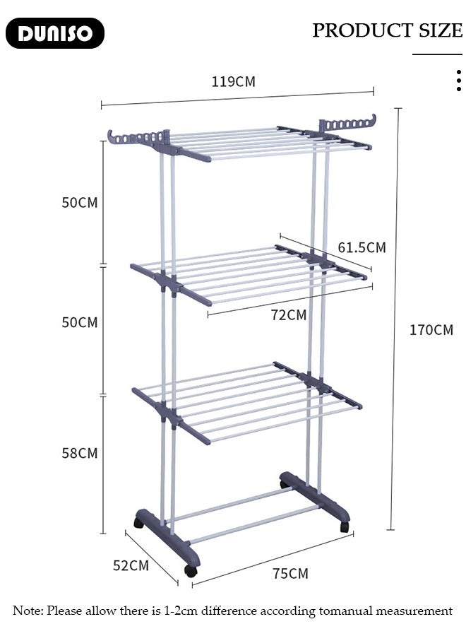 DUNISO 4-Tier Clothes Drying Rack, Foldable Stainless Steel Drying Rack Clothing, Movable Drying Rack with 4 castors, Laundry Rack with 24 Drying Poles for Indoor/Outdoor, Clothes Drying Stand with 14 Holes for Bed Linen, Clothing - Image 4