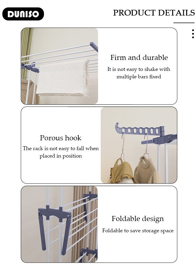 DUNISO 4-Tier Clothes Drying Rack, Foldable Stainless Steel Drying Rack Clothing, Movable Drying Rack with 4 castors, Laundry Rack with 24 Drying Poles for Indoor/Outdoor, Clothes Drying Stand with 14 Holes for Bed Linen, Clothing - Image 2