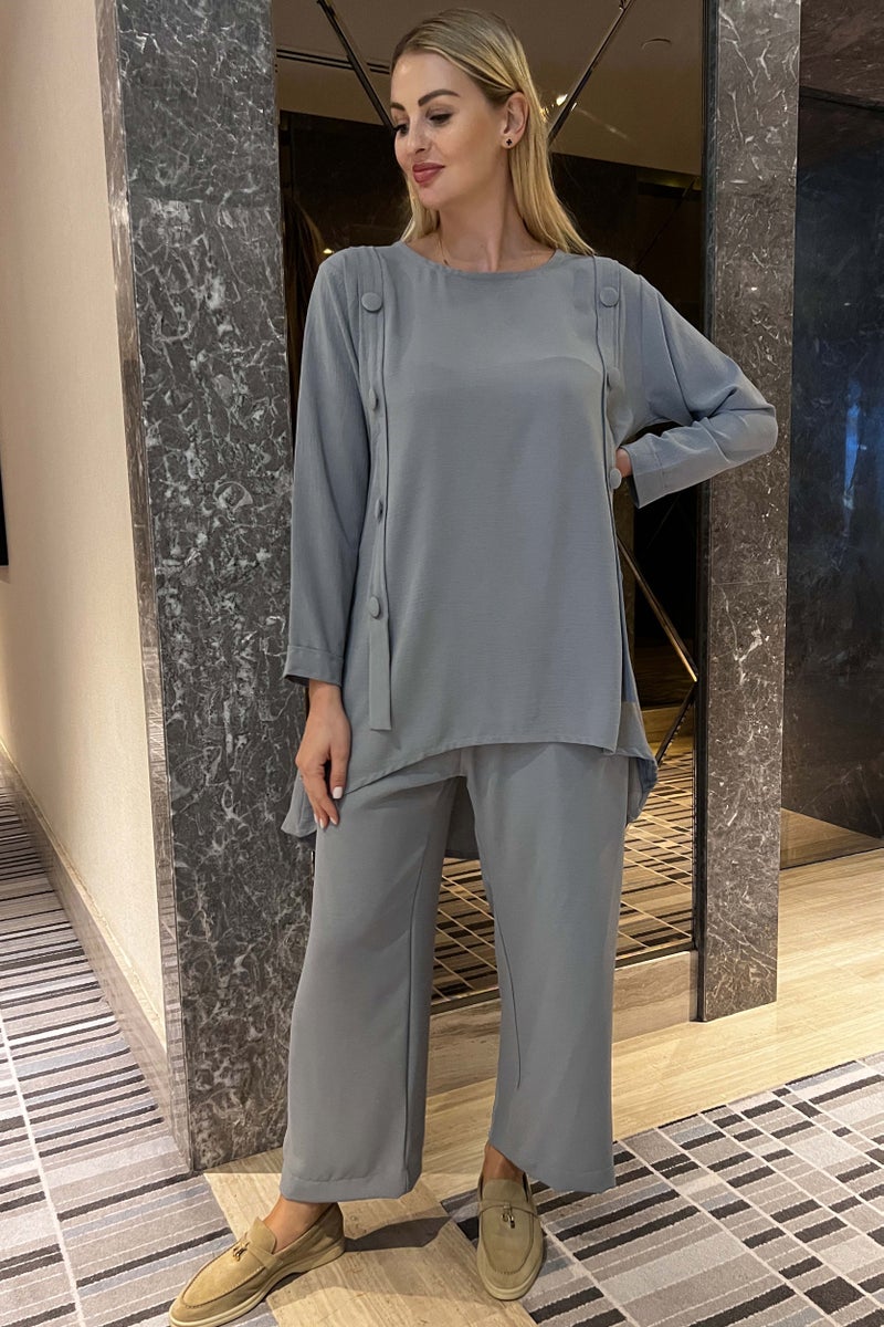 Moistreet Crew Neck Button Detailed To & Pants Set - Image 5