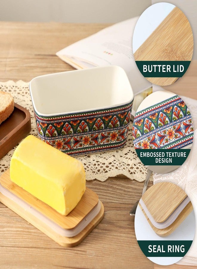 Tikooere Ceramic Butter Dish with Lid,Large Butter Container with Airtight Cover for Countertop or Refrigerator,Farmhouse Kitchen Butter Holder for New Year Gift,Dishwasher Safe,Green Printing - Image 4