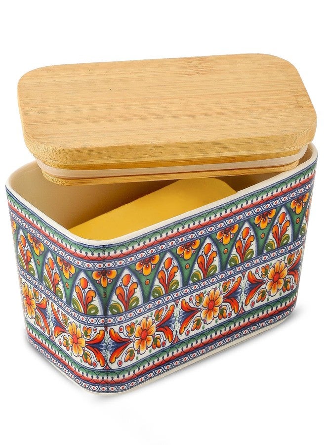 Tikooere Ceramic Butter Dish with Lid,Large Butter Container with Airtight Cover for Countertop or Refrigerator,Farmhouse Kitchen Butter Holder for New Year Gift,Dishwasher Safe,Green Printing - Image 1