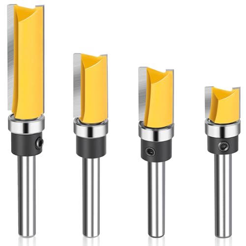 Junreox 4PCS Flush Trim Route Bit 1/4 Shank, Premium Pattern Flush Cut Route Bit with Bearing to Prevent Tear-Out, Straight Cut Carbide Tipped Template Router Bit for Woodworking, Milling, Trimming - Image 1