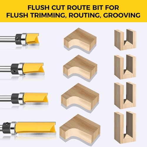 Junreox 4PCS Flush Trim Route Bit 1/4 Shank, Premium Pattern Flush Cut Route Bit with Bearing to Prevent Tear-Out, Straight Cut Carbide Tipped Template Router Bit for Woodworking, Milling, Trimming - Image 4