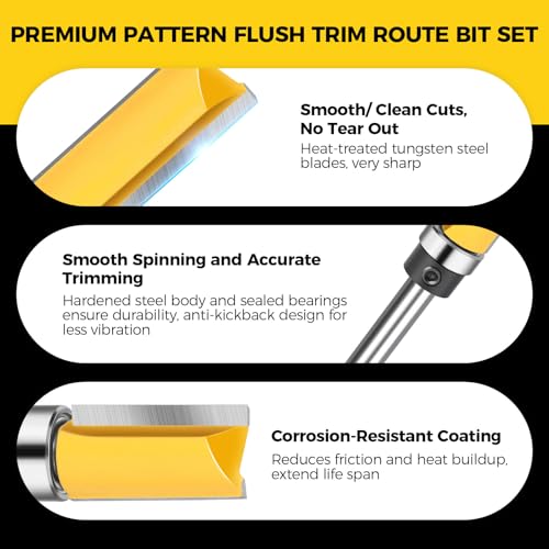 Junreox 4PCS Flush Trim Route Bit 1/4 Shank, Premium Pattern Flush Cut Route Bit with Bearing to Prevent Tear-Out, Straight Cut Carbide Tipped Template Router Bit for Woodworking, Milling, Trimming - Image 2