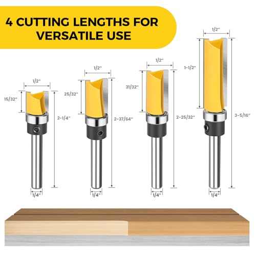 Junreox 4PCS Flush Trim Route Bit 1/4 Shank, Premium Pattern Flush Cut Route Bit with Bearing to Prevent Tear-Out, Straight Cut Carbide Tipped Template Router Bit for Woodworking, Milling, Trimming - Image 3