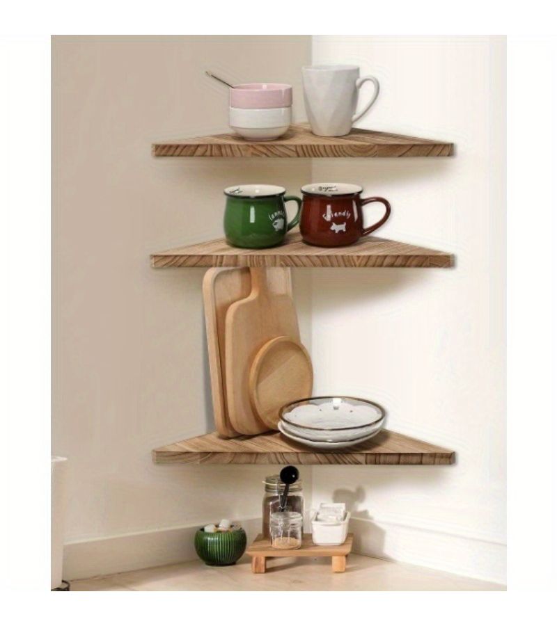 3pcs Dark Triangular Fan Design Wooden Corner Rack Wall Mounted Space Saving Storage Shelf For Living Room Kitchen Hallway - Image 3