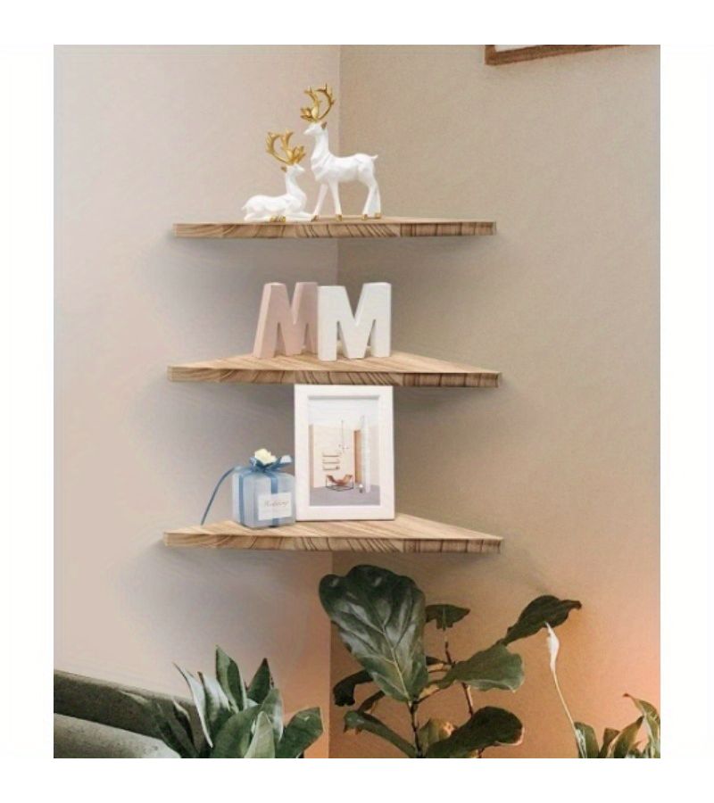 3pcs Dark Triangular Fan Design Wooden Corner Rack Wall Mounted Space Saving Storage Shelf For Living Room Kitchen Hallway - Image 4