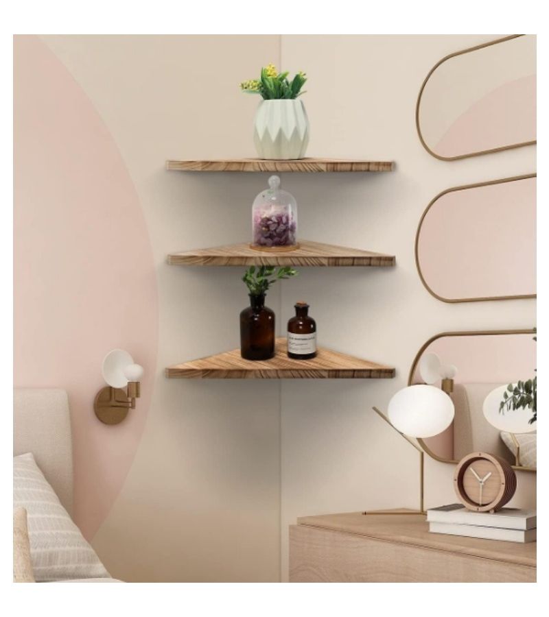 3pcs Dark Triangular Fan Design Wooden Corner Rack Wall Mounted Space Saving Storage Shelf For Living Room Kitchen Hallway - Image 5