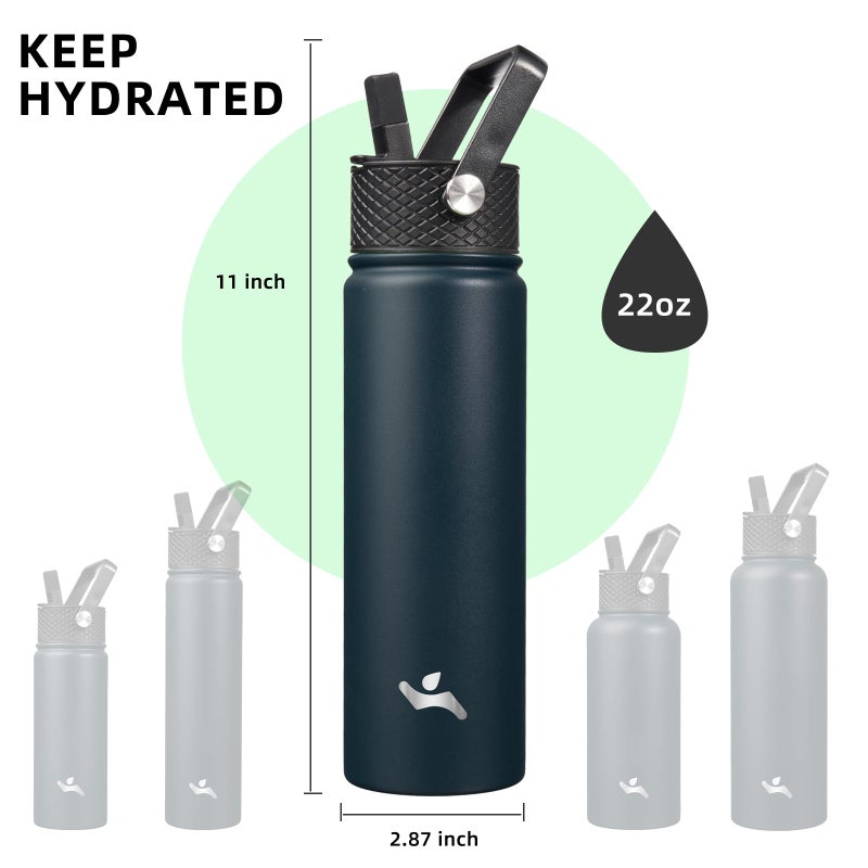 Konokyo 22oz Stainless Steel Bottles with 3 Lids Sport Insulated Water Bottle,Navy Blue - Image 5